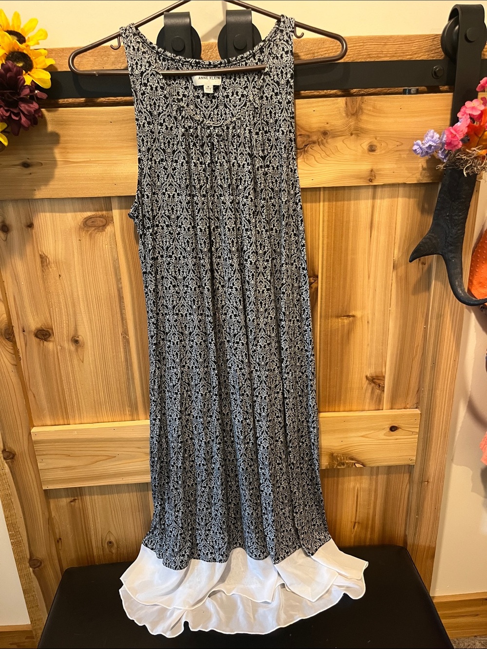 Anne Klein Black and White Floral-Print Maxi Dress with White Ruffle Hem
